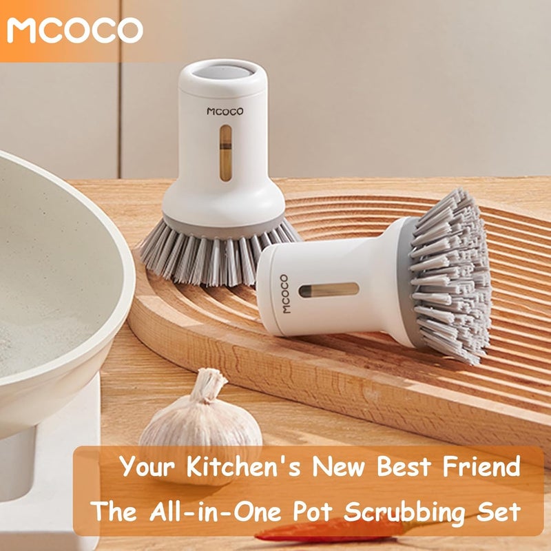 MOCOCO Soap Dispensing Palm Brush Scrub Brush with Soap Dispenser Palm Dish Brush Soap Dispenser Brush Dish Scrub Brush for Kitchen Cleaning, Pan, Pot, Sink 2 Pack White - Image 5